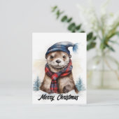 Adorable Christmas Otter Blue Hat Red Scarf Postkarte (Stehend Vorderseite)