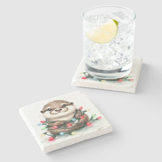 Adorable Christmas Otter Steinuntersetzer (Seitenansicht)