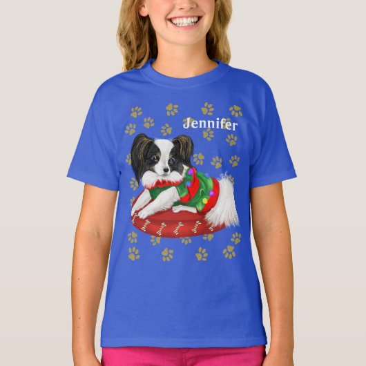 Adorable Christmas Papillon Welpe Individuelle Nam T-Shirt (Vorderseite)