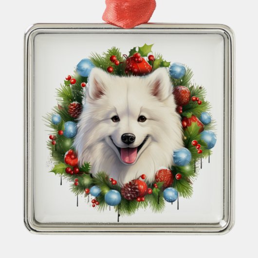 ADORABLE CHRISTMAS SAMOYED DOG WREATH ORNAMENT AUS METALL (Vorne)
