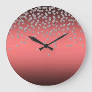 Adorable Coral Red Shiny Foil  Confetty Or Diamond Große Wanduhr