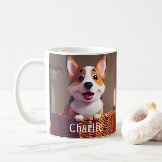 Adorable Corgi Welpe in Basket Individuelle Name D Kaffeetasse (Mit Donut)