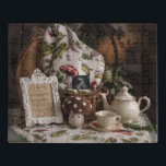 Adorable Cotages Setup Pregnancy Ankündigung Puzzle<br><div class="desc">eine charmante cotattecore-Schwangerschaftsankündigung mit einem niedlichen Pilzplüschtier Ein schönes Set Teetasse und Topf mit einer schönen Decke auf einem schönen Korb und einem weißen Hütte-Kernboard,  um die großen Neuigkeiten verkünden,  ist stehend dieses skurrile Setup bringt eine gemütliche,  rustikale Touch zu Ihrer Ankündigung.</div>