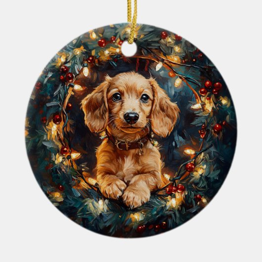 Adorable Dackel Hund Weihnachtsbaumleuchten Keramik Ornament (Vorne)
