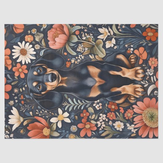 Adorable Dackel Lebendige Blume Dekoupage Seidenpapier (Vorderseite)