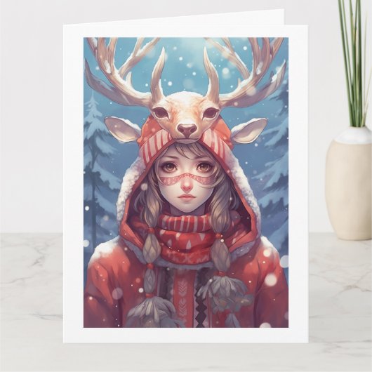 Adorable Deer Anime Girl, Red Hoodie, Holiday Card Dankeskarte (Vorderseite)