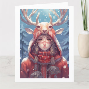 Adorable Deer Anime Girl, Red Hoodie, Holiday Card Dankeskarte
