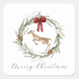 Adorable Deer Frohe Weihnachtskranz Red Bow Quadratischer Aufkleber