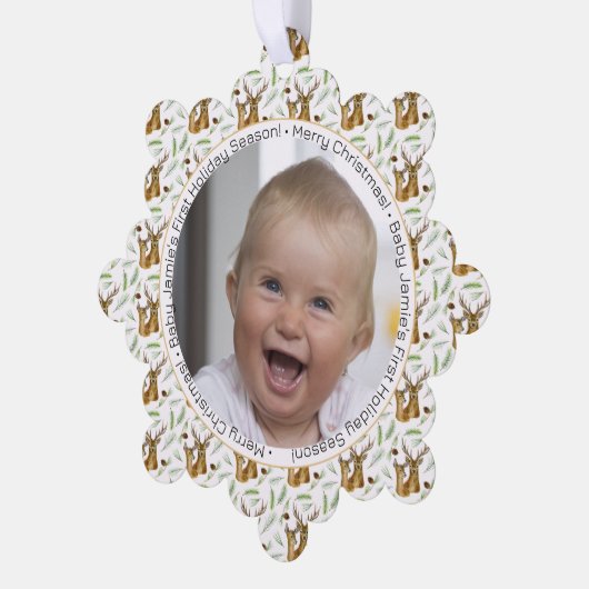 Adorable Deer Pattern Baby's First Christmas Ornament Karte (Linke Ecke)