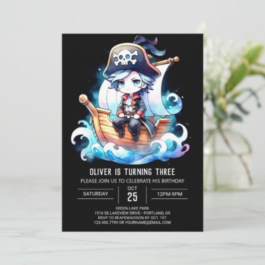 Adorable Digital Pirate Geburtstag Einladung (Stehend Vorderseite)