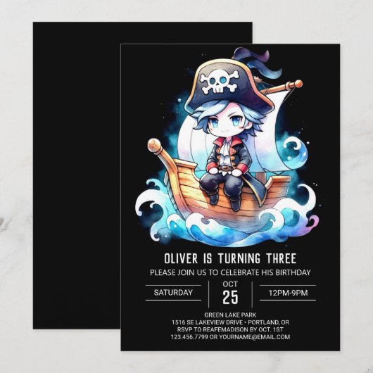 Adorable Digital Pirate Geburtstag Einladung (Vorne/Hinten)