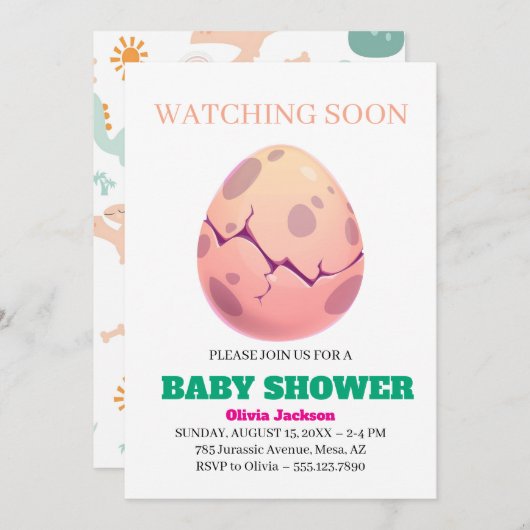 Adorable Dino Ei Hatching Baby Dusche Einladung (Vorne/Hinten)