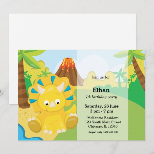 Adorable Dinosaurier Einladung (Vorne/Hinten)
