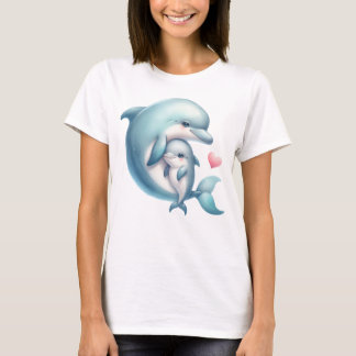 Adorable Dolphin Mother and Baby Heart Illustratio T-Shirt