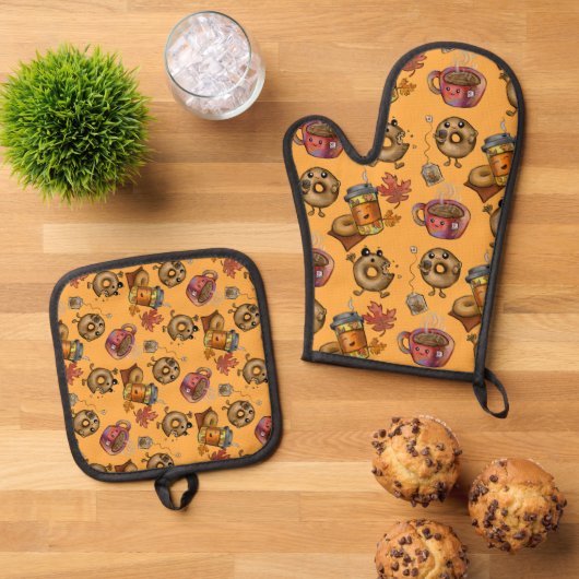 Adorable Doughnuts and Tea pattern Ofenhandschuh & Topflappen-Set (Oben Unten)