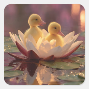 Adorable Ducklings in einer Wasserlilie-Blume Quadratischer Aufkleber