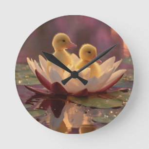 Adorable Ducklings in einer Wasserlilie-Blume Runde Wanduhr
