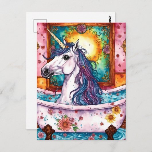 Adorable Einhorn Blau und Lila Mane im Bad Postkarte (Vorne/Hinten)