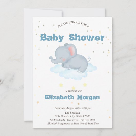 Adorable Elefant, Wolken, SternenBaby-Dusche Einladung (Vorderseite)