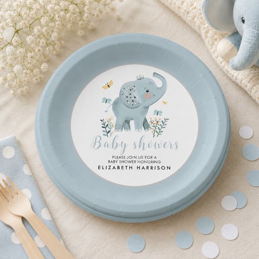 Adorable Elephant Blue Baby Boy Dusche Pappteller
