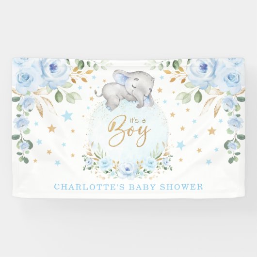 Adorable Elephant Blue Floral Boy Baby Dusche Banner (Horizontal)