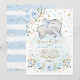 Adorable Elephant Blue Gold Baby Dusche per Mail Einladung