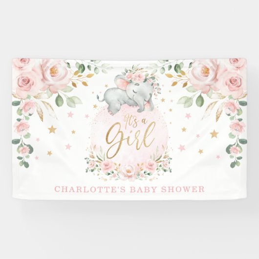 Adorable Elephant Blush Pink Bloral Baby Dusche Banner (Horizontal)