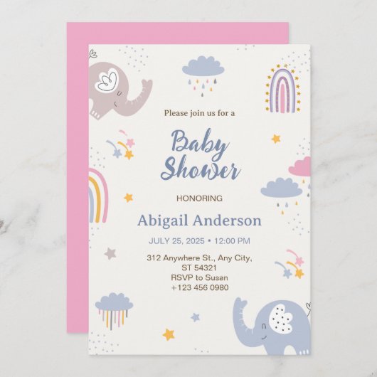 Adorable Elephant Rainbow Baby Shower Einladung (Vorne/Hinten)