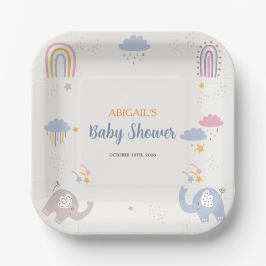 Adorable Elephant Rainbow Baby Shower Paper Plate Pappteller (Vorderseite)