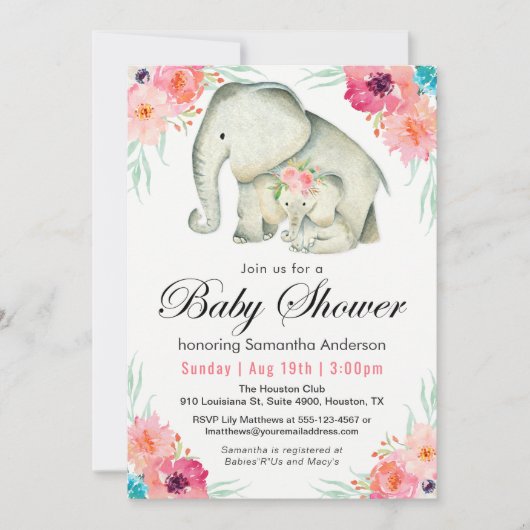 Adorable Elephants Girl Baby Dusche Einladung (Vorderseite)