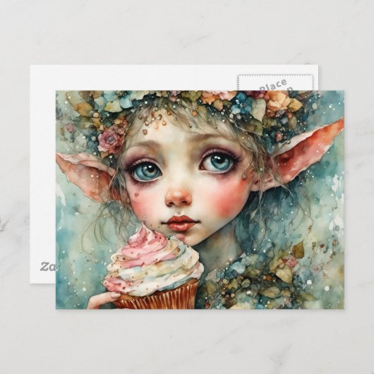 Adorable Elf mit Kuchen Postkarte (Vorne/Hinten)
