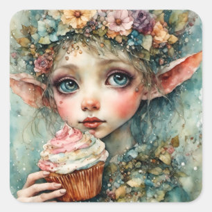 Adorable Elf mit Kuchen Quadratischer Aufkleber