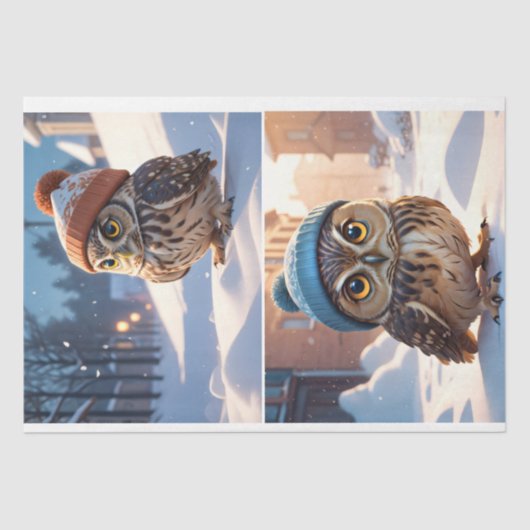 Adorable Eulen im Winterschnee - Decoupage - Seidenpapier (Vorderseite)