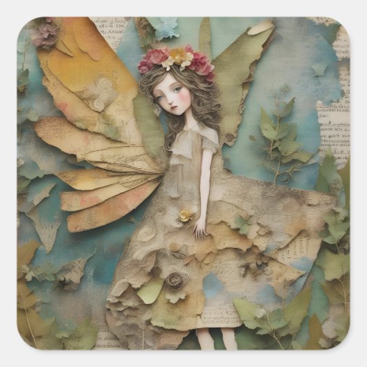 Adorable Fairy Mixed Media Collage Quadratischer Aufkleber (Vorderseite)