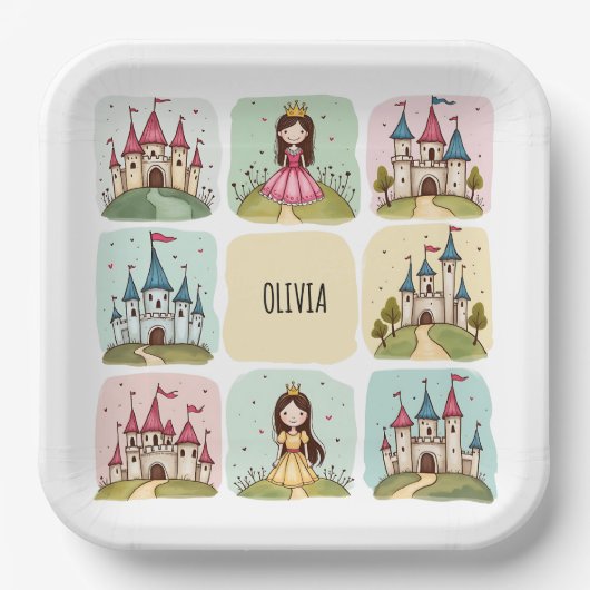 Adorable Fairy Tale Burg & Princess Doodles Pappteller (Vorderseite)