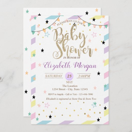 Adorable farbenfrohe Sterne Kinderdusche Einladung (Vorne/Hinten)