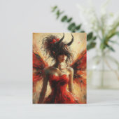 Adorable Fee in einem roten Kleid mit Hörnern Postkarte (Stehend Vorderseite)