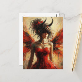 Adorable Fee in einem roten Kleid mit Hörnern Postkarte