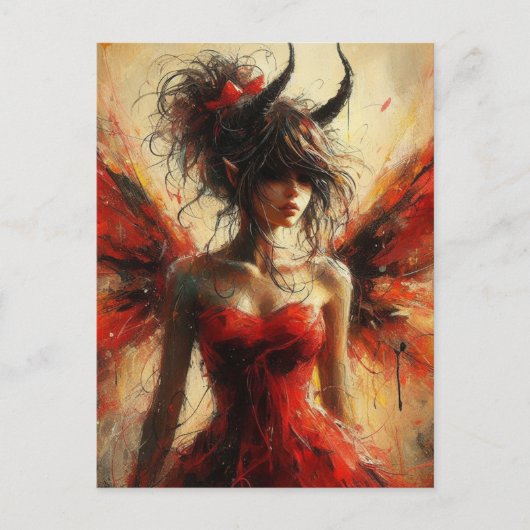 Adorable Fee in einem roten Kleid mit Hörnern Postkarte (Vorderseite)