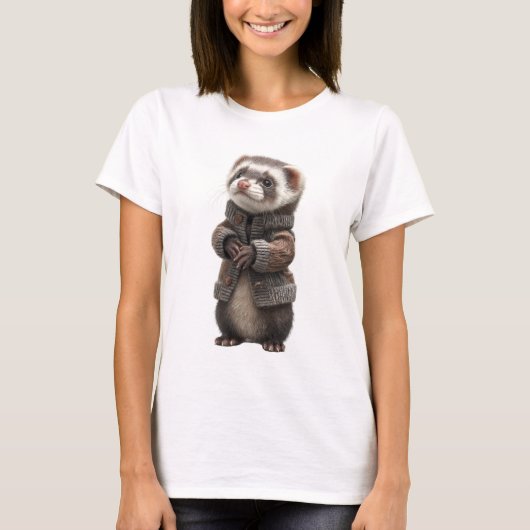 Adorable Ferret in Knitted Brown Cardigan T-Shirt (Vorderseite)