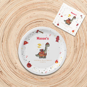 Adorable Firefighter Dino Geburtstag Pappteller