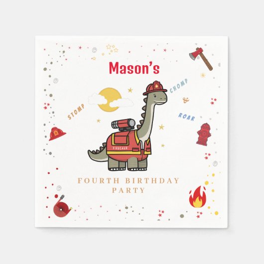 Adorable Firefighter Dino Geburtstag Serviette (Vorderseite)