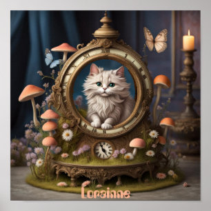 Adorable flauschige Katze in Uhren, Pilze, essbar Poster
