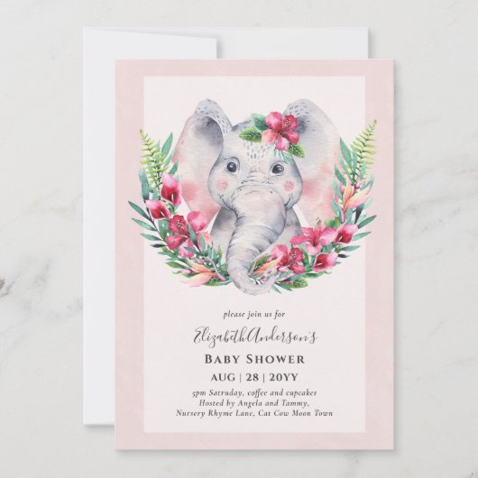 Adorable Floral Elephant Baby Dusche einladen Einladung (Vorderseite)