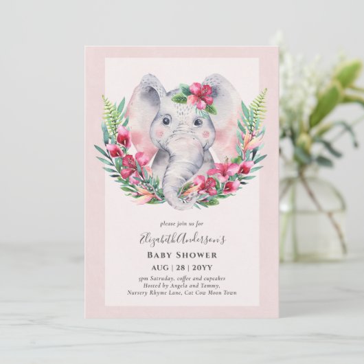 Adorable Floral Elephant Baby Dusche einladen Einladung (Stehend Vorderseite)
