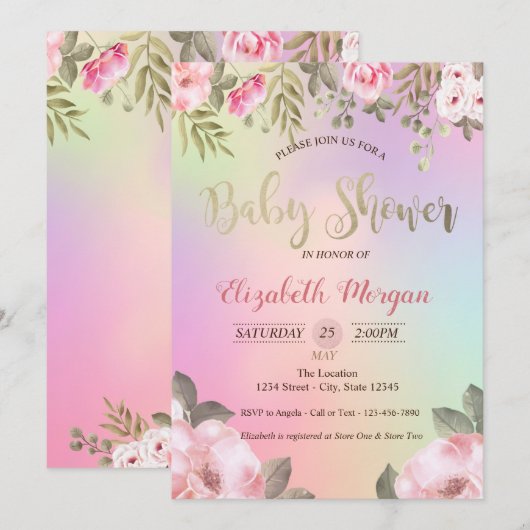 Adorable floral holographic Baby Shower Einladung (Vorne/Hinten)