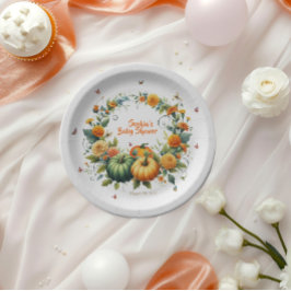 Adorable Floral Orange Green Pumpkins Baby Dusche Pappteller