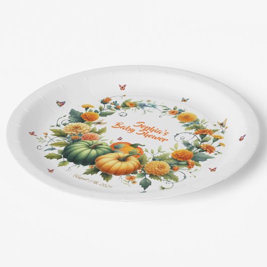 Adorable Floral Orange Green Pumpkins Baby Dusche Pappteller (Schrägansicht)