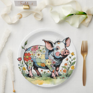 Adorable Floral Patchwork Baby Farm Pig Pappteller