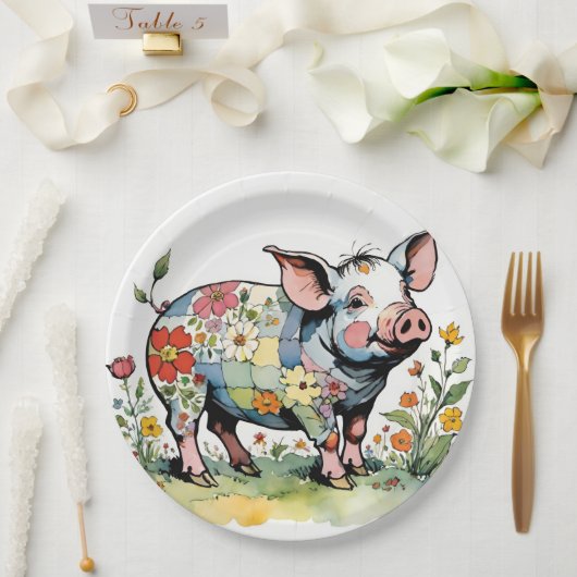 Adorable Floral Patchwork Baby Farm Pig Pappteller (Hochzeit)
